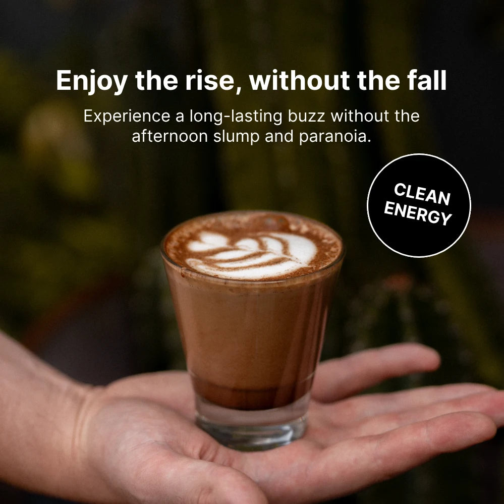 A person holding a cup of Earthrise coffee alternative, with the text "Enjoy the rise, without the fall"