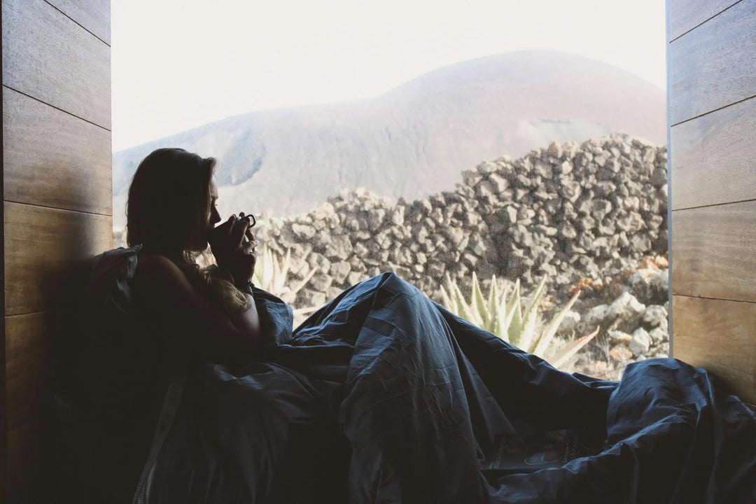 A person holding a mug, sitting under a blanket, looking at mountains