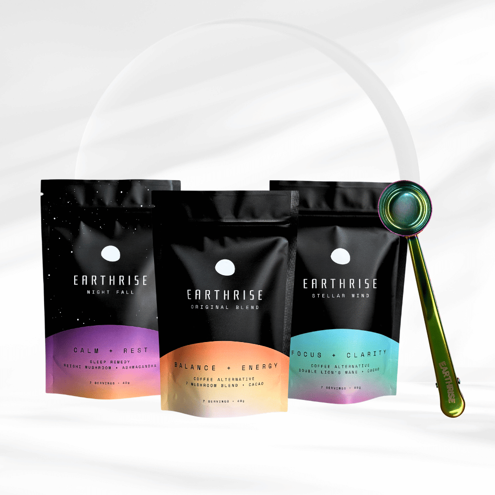 Earthrise coffee substitute Sample Bundle with nebula coloured serving spoon