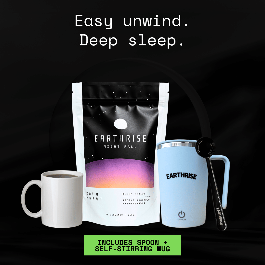 Easy unwind. Deep sleep. 30 servings of Earthrise Night Fall sleep remedy with a blue self-stirring mug and black serving spoon