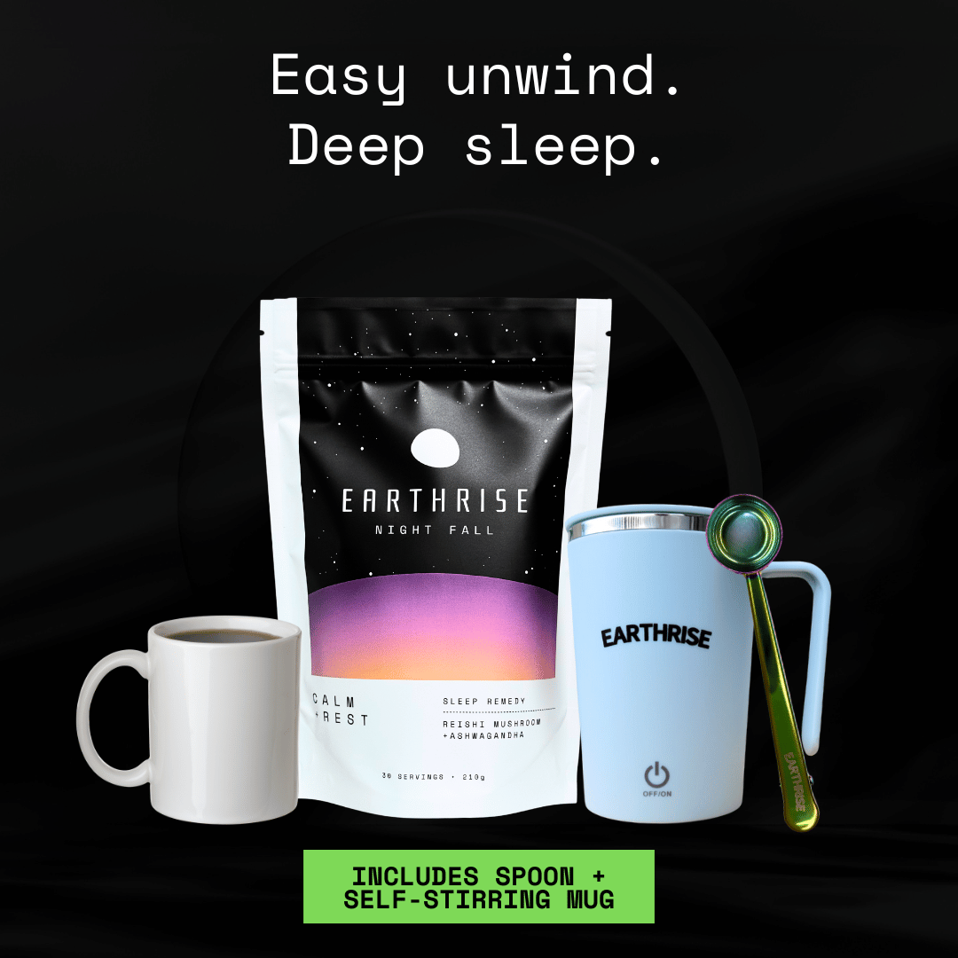 Easy unwind. Deep sleep. 30 servings of Earthrise Night Fall sleep remedy with a blue self-stirring mug and nebula serving spoon