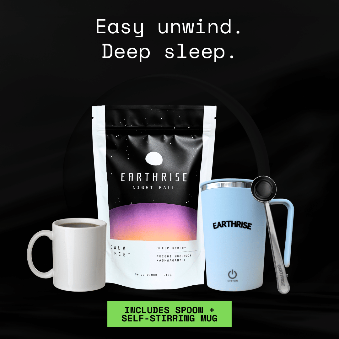 Easy unwind. Deep sleep. 30 servings of Earthrise Night Fall sleep remedy with a blue self-stirring mug and silver serving spoon