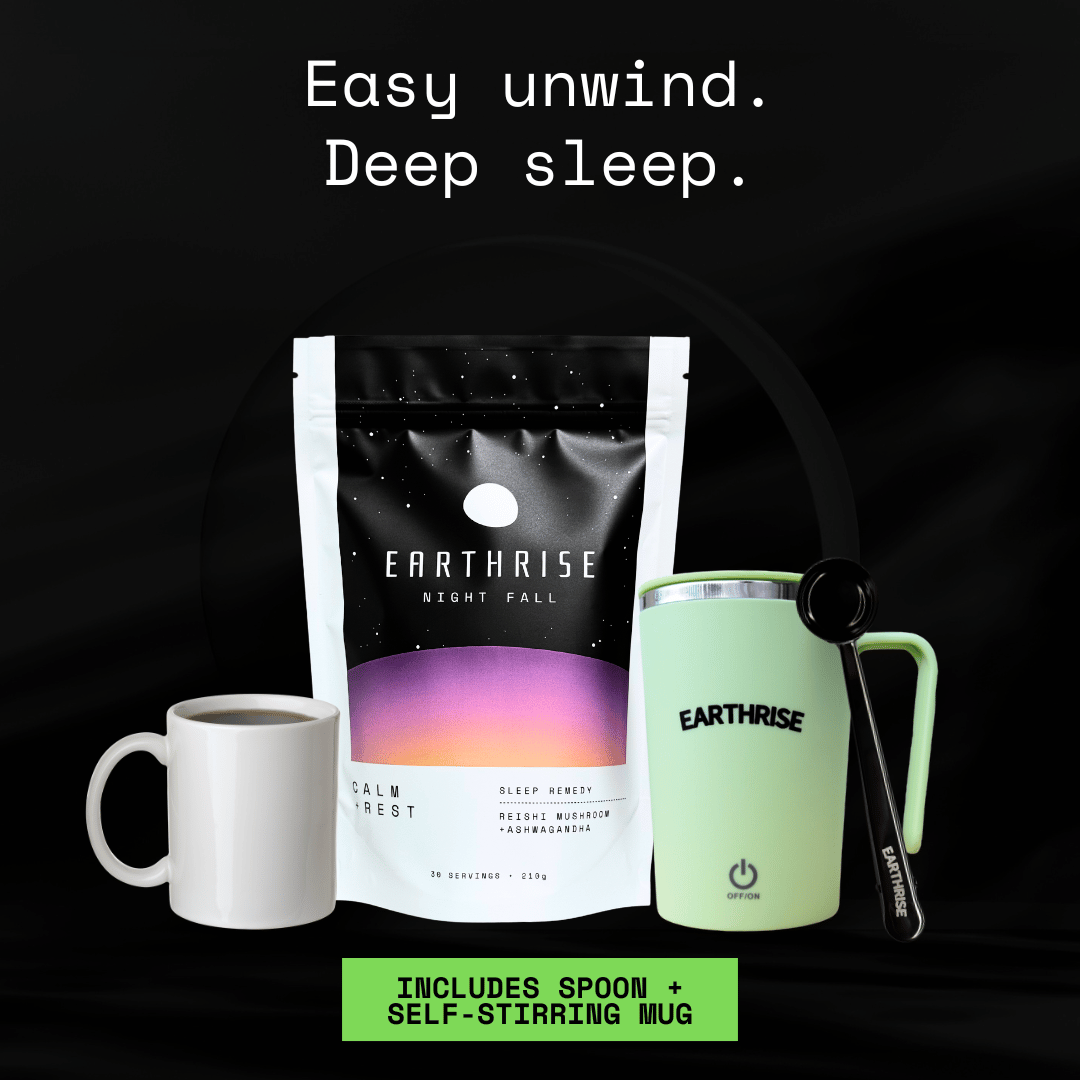 Easy unwind. Deep sleep. 30 servings of Earthrise Night Fall sleep remedy with a green self-stirring mug and black serving spoon