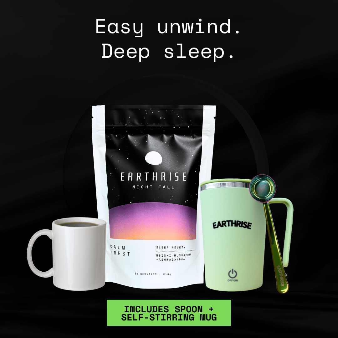 Easy unwind. Deep sleep. 30 servings of Earthrise Night Fall sleep remedy with a green self-stirring mug and nebula serving spoon