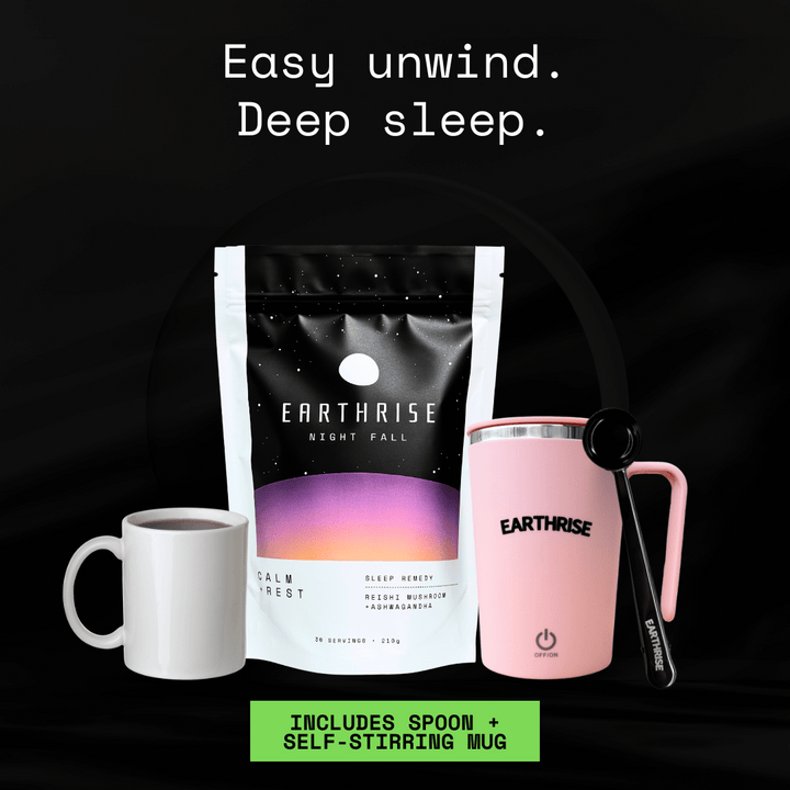 Easy unwind. Deep sleep. 30 servings of Earthrise Night Fall sleep remedy with a pink self-stirring mug and black serving spoon