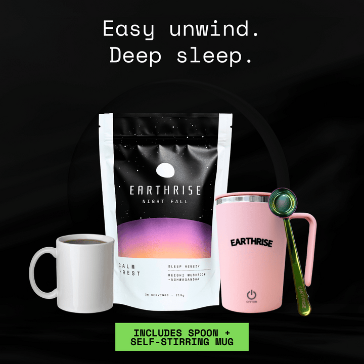 Easy unwind. Deep sleep. 30 servings of Earthrise Night Fall sleep remedy with a pink self-stirring mug and nebula serving spoon