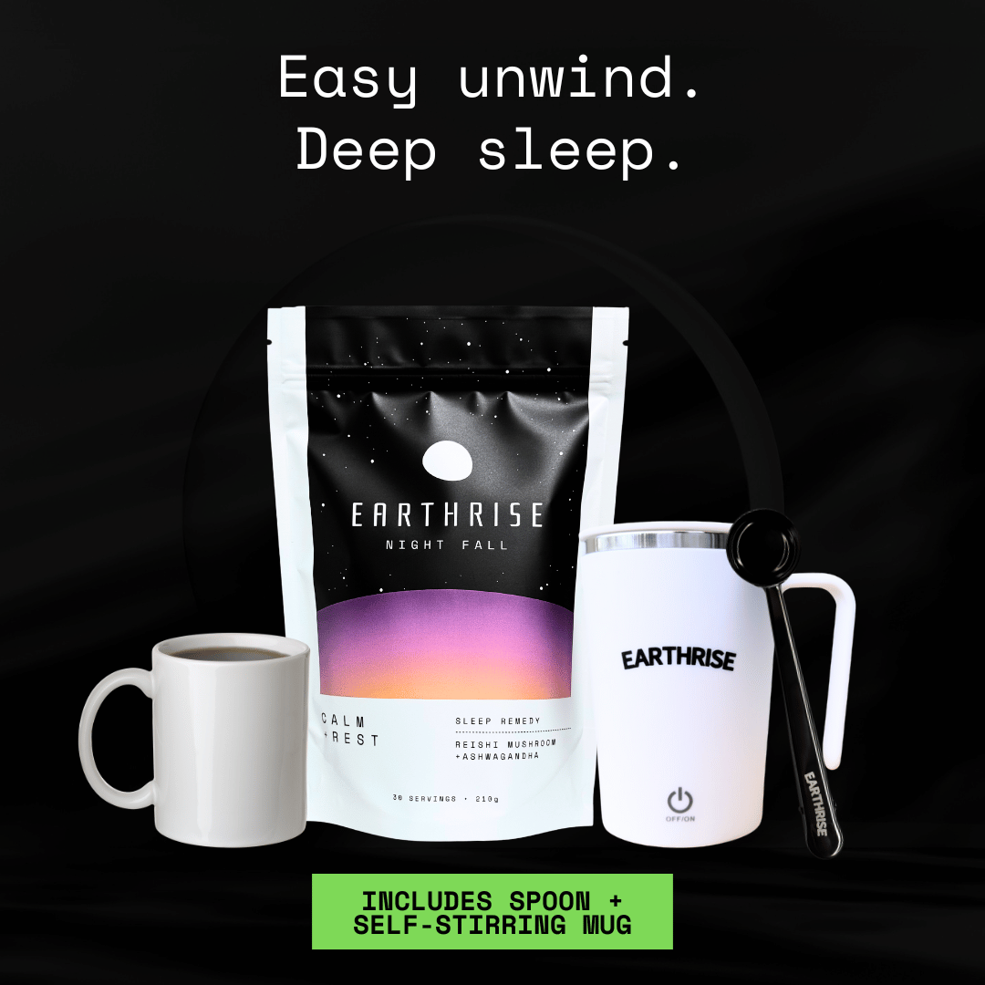 Easy unwind. Deep sleep. 30 servings of Earthrise Night Fall sleep remedy with a white self-stirring mug and black serving spoon