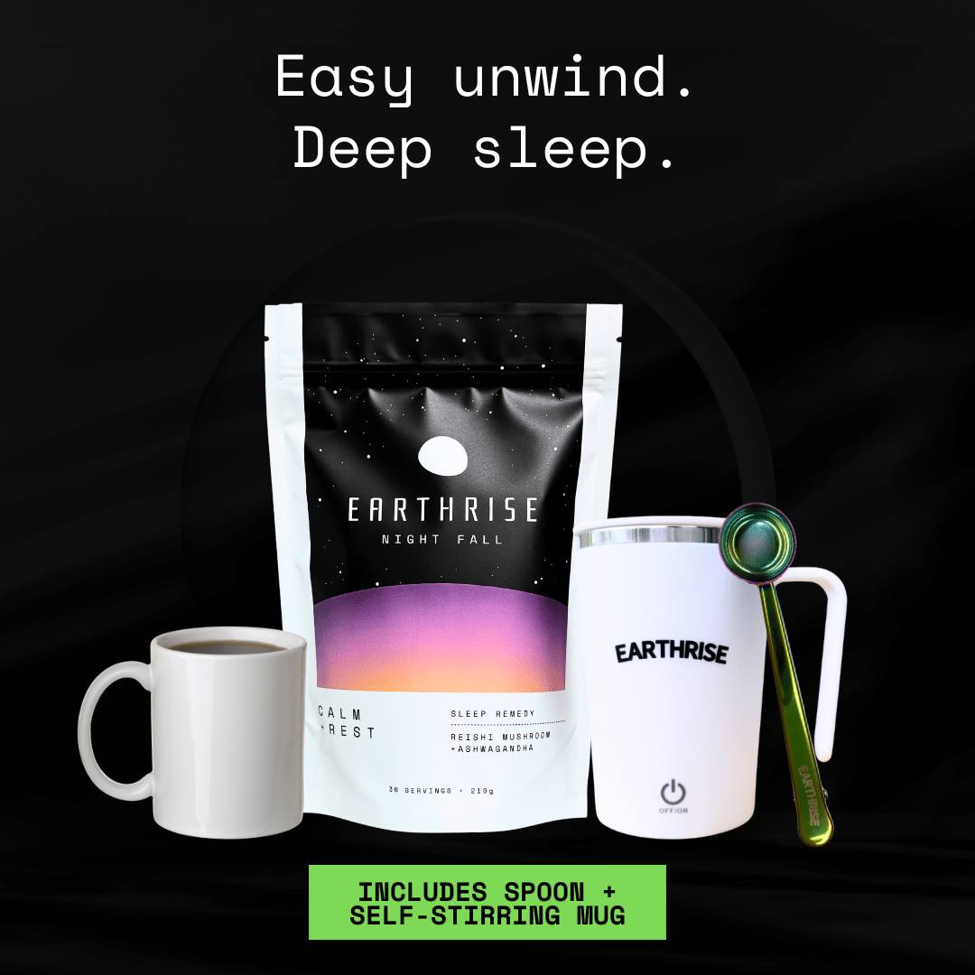 Easy unwind. Deep sleep. 30 servings of Earthrise Night Fall sleep remedy with a white self-stirring mug and nebula serving spoon