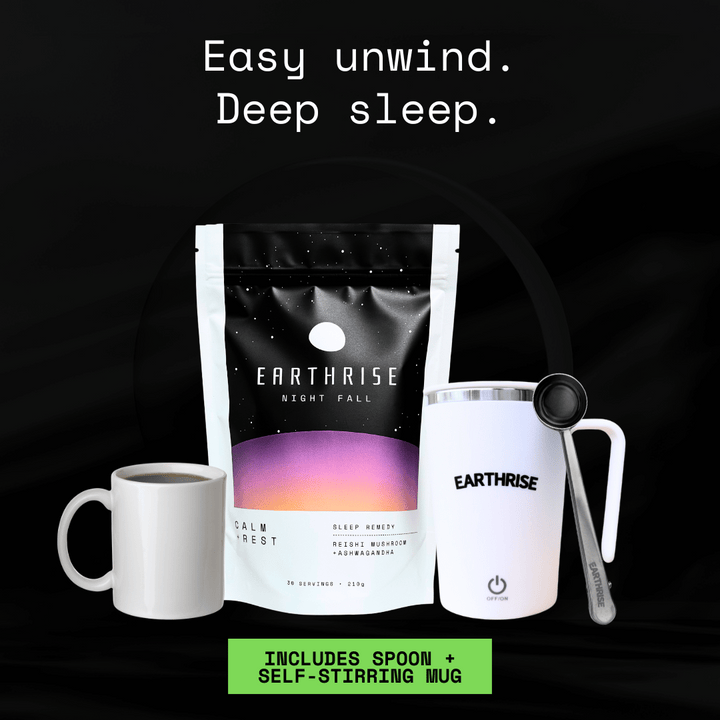 Easy unwind. Deep sleep. 30 servings of Earthrise Night Fall sleep remedy with a white self-stirring mug and silver serving spoon