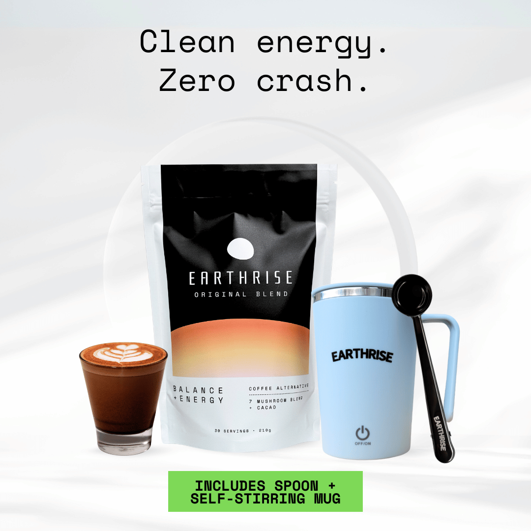 Clean Energy. Zero Crash. 30 servings of Earthrise Original Blend with a blue self-stirring mug and black serving spoon