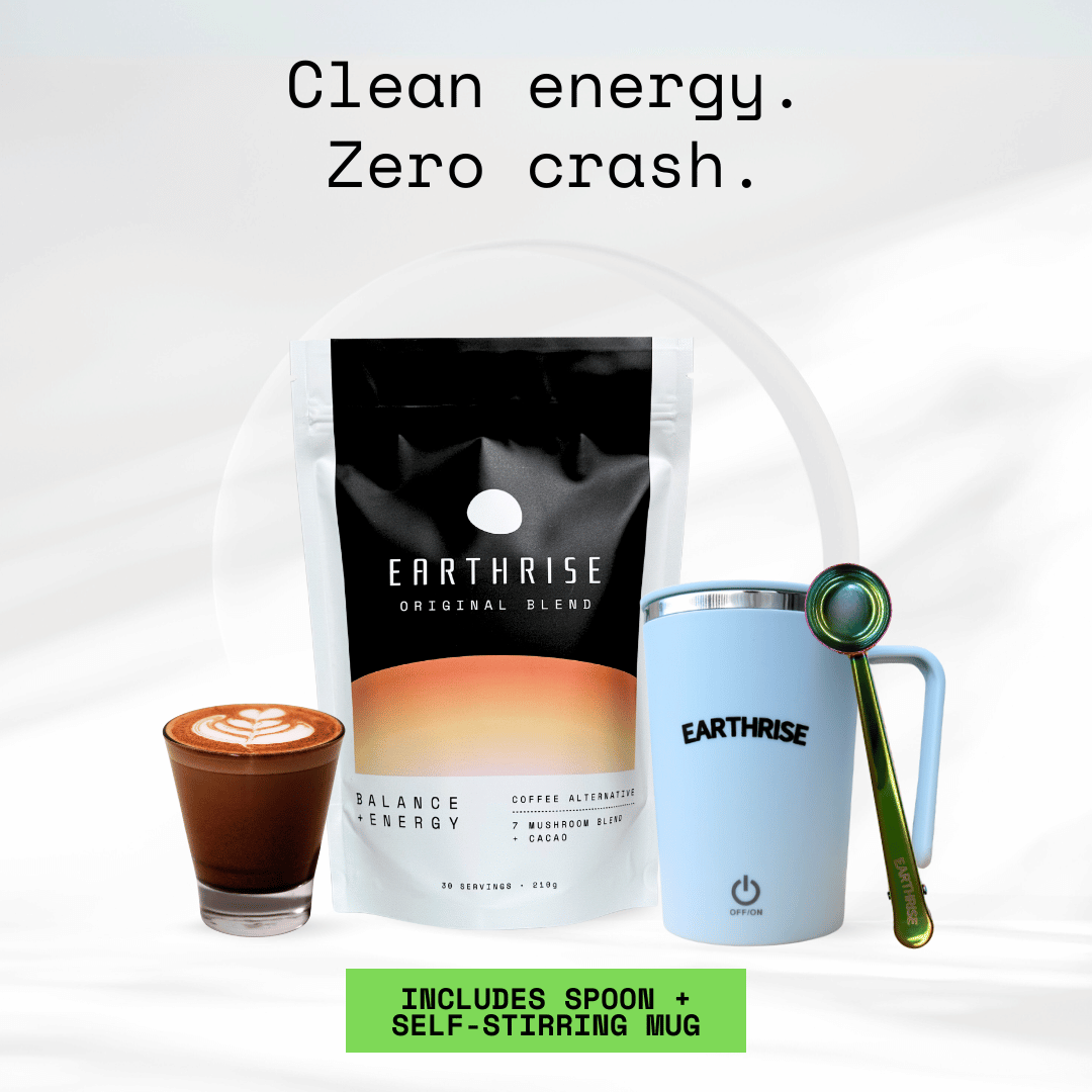 Clean Energy. Zero Crash. 30 servings of Earthrise Original Blend with a blue self-stirring mug and nebula serving spoon