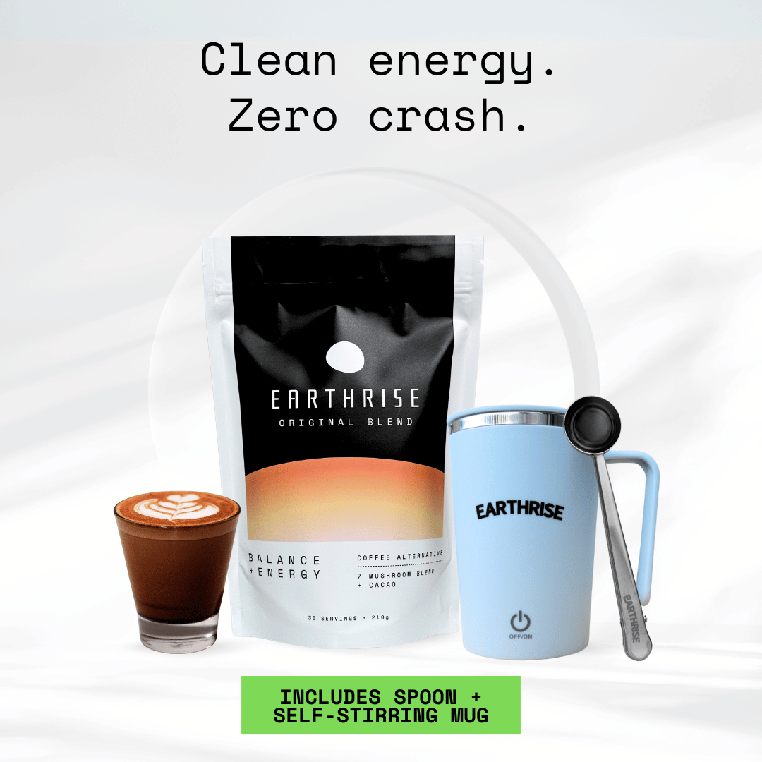 Clean Energy. Zero Crash. 30 servings of Earthrise Original Blend with a blue self-stirring mug and silver serving spoon