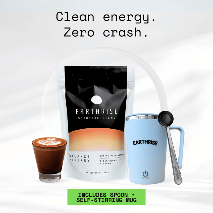 Clean Energy. Zero Crash. 30 servings of Earthrise Original Blend with a blue self-stirring mug and silver serving spoon