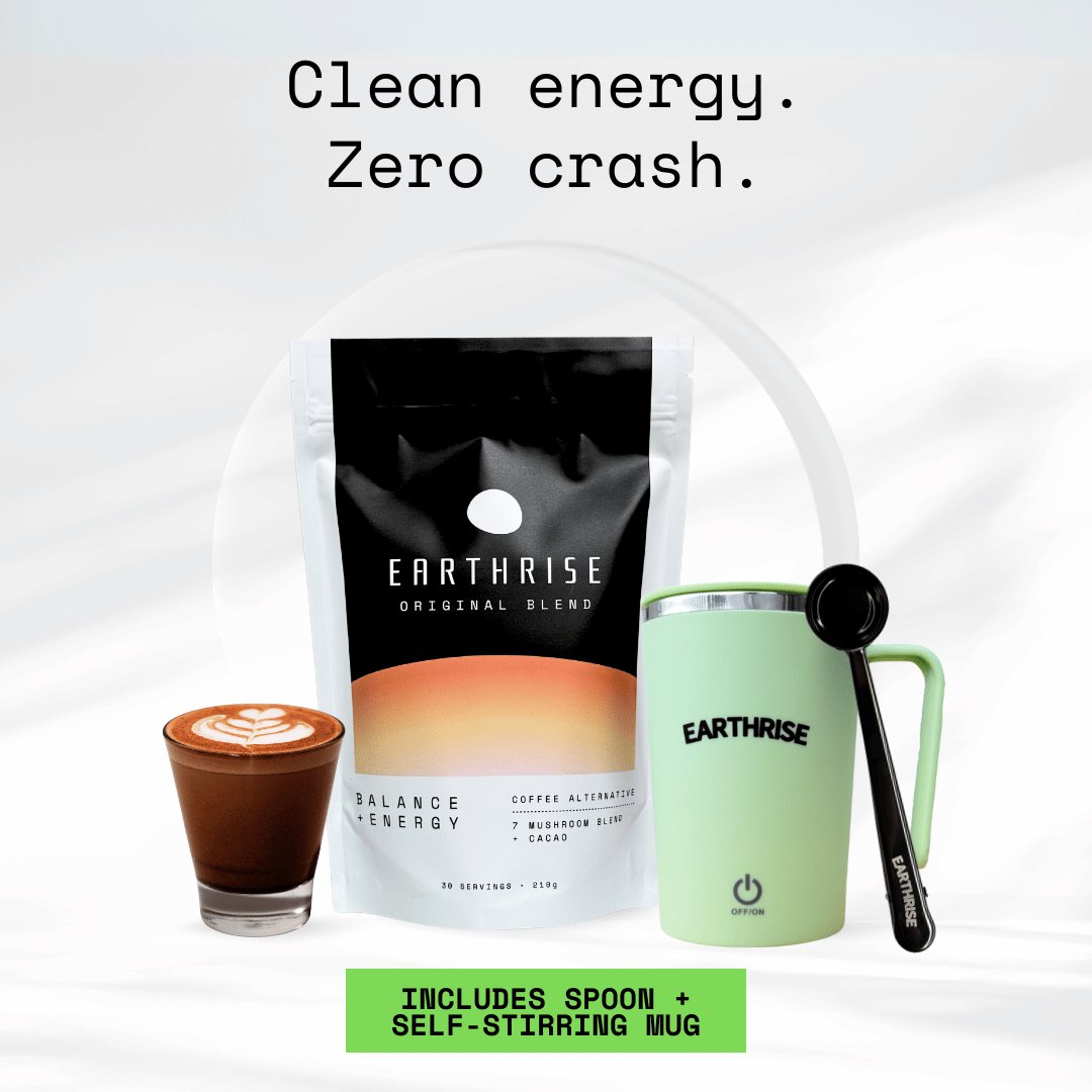 Clean Energy. Zero Crash. 30 servings of Earthrise Original Blend with a green self-stirring mug and black serving spoon