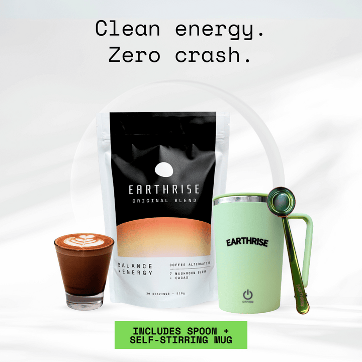 Clean Energy. Zero Crash. 30 servings of Earthrise Original Blend with a green self-stirring mug and nebula serving spoon