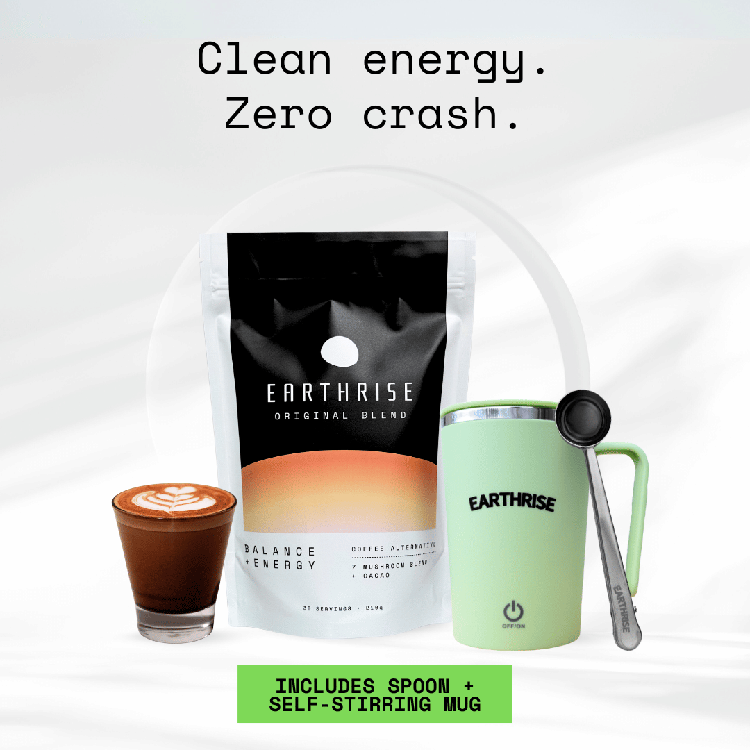 Clean Energy. Zero Crash. 30 servings of Earthrise Original Blend with a green self-stirring mug and silver serving spoon