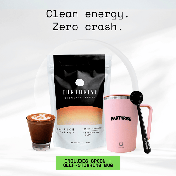 Clean Energy. Zero Crash. 30 servings of Earthrise Original Blend with a pink self-stirring mug and black serving spoon