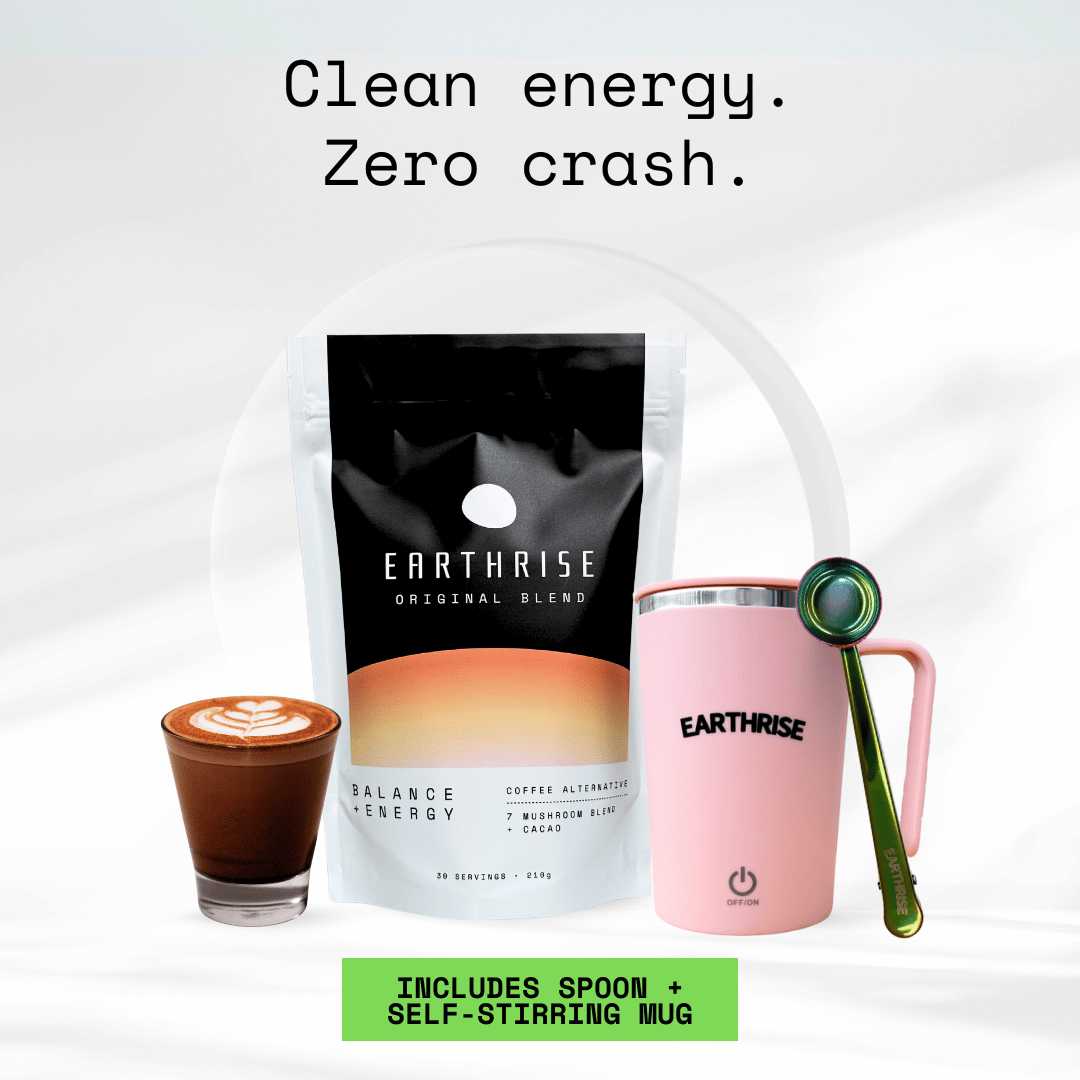 Clean Energy. Zero Crash. 30 servings of Earthrise Original Blend with a pink self-stirring mug and nebula serving spoon