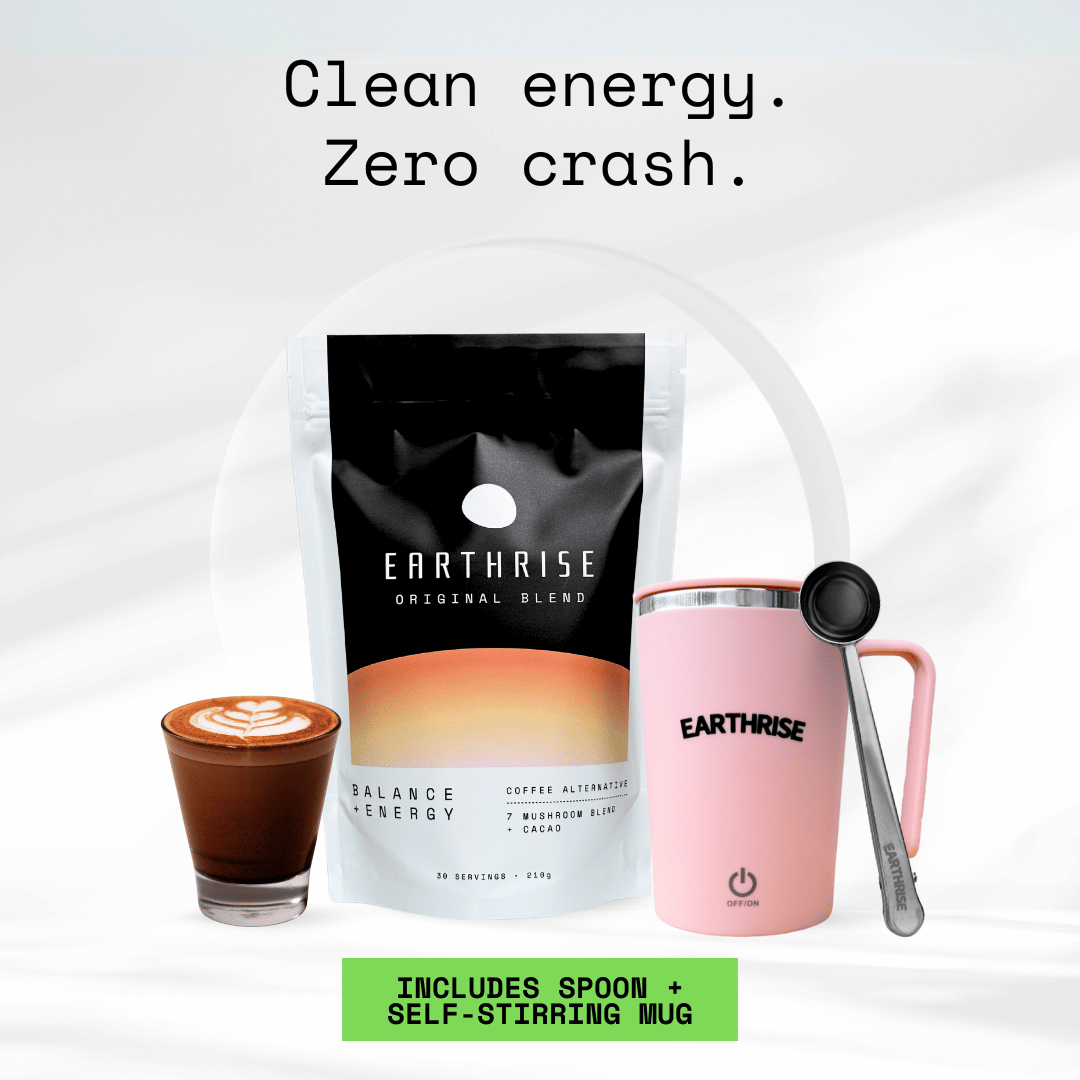 Clean Energy. Zero Crash. 30 servings of Earthrise Original Blend with a pink self-stirring mug and silver serving spoon