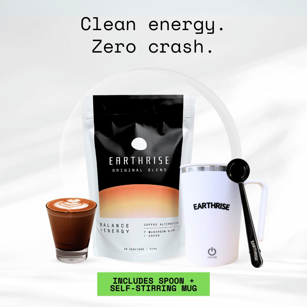 Clean Energy. Zero Crash. 30 servings of Earthrise Original Blend with a white self-stirring mug and black spoon