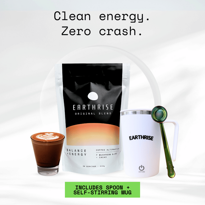 Clean Energy. Zero Crash. 30 servings of Earthrise Original Blend with a white self-stirring mug and nebula serving spoon