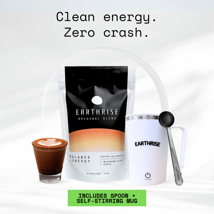 Clean Energy. Zero Crash. 30 servings of Earthrise Original Blend with a white self-stirring mug and silver serving spoon