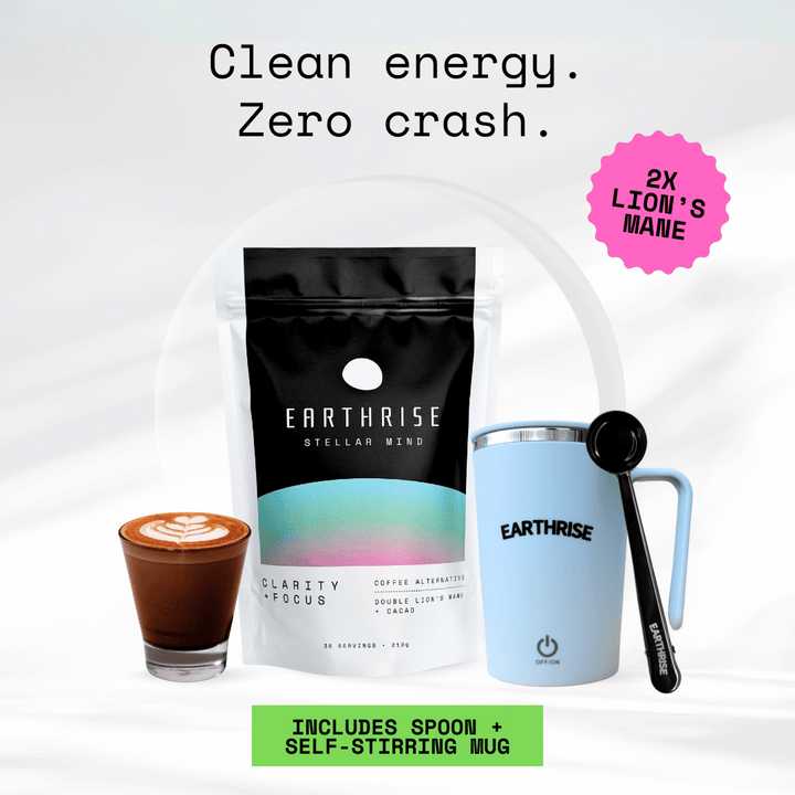 Clean Energy. Zero Crash. 2 times Lion's Mane. 30 servings of Earthrise Stellar Mind with a blue self-stirring mug and black serving spoon