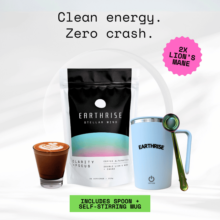 Clean Energy. Zero Crash. 2 times Lion's Mane. 30 servings of Earthrise Stellar Mind with a blue self-stirring mug and nebula serving spoon