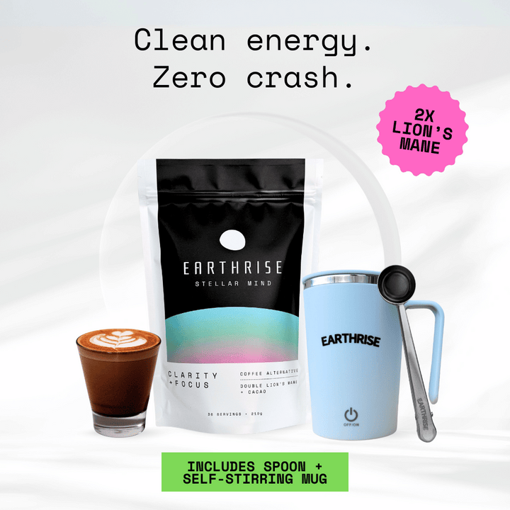 Clean Energy. Zero Crash. 2 times Lion's Mane. 30 servings of Earthrise Stellar Mind with a blue self-stirring mug and silver serving spoon