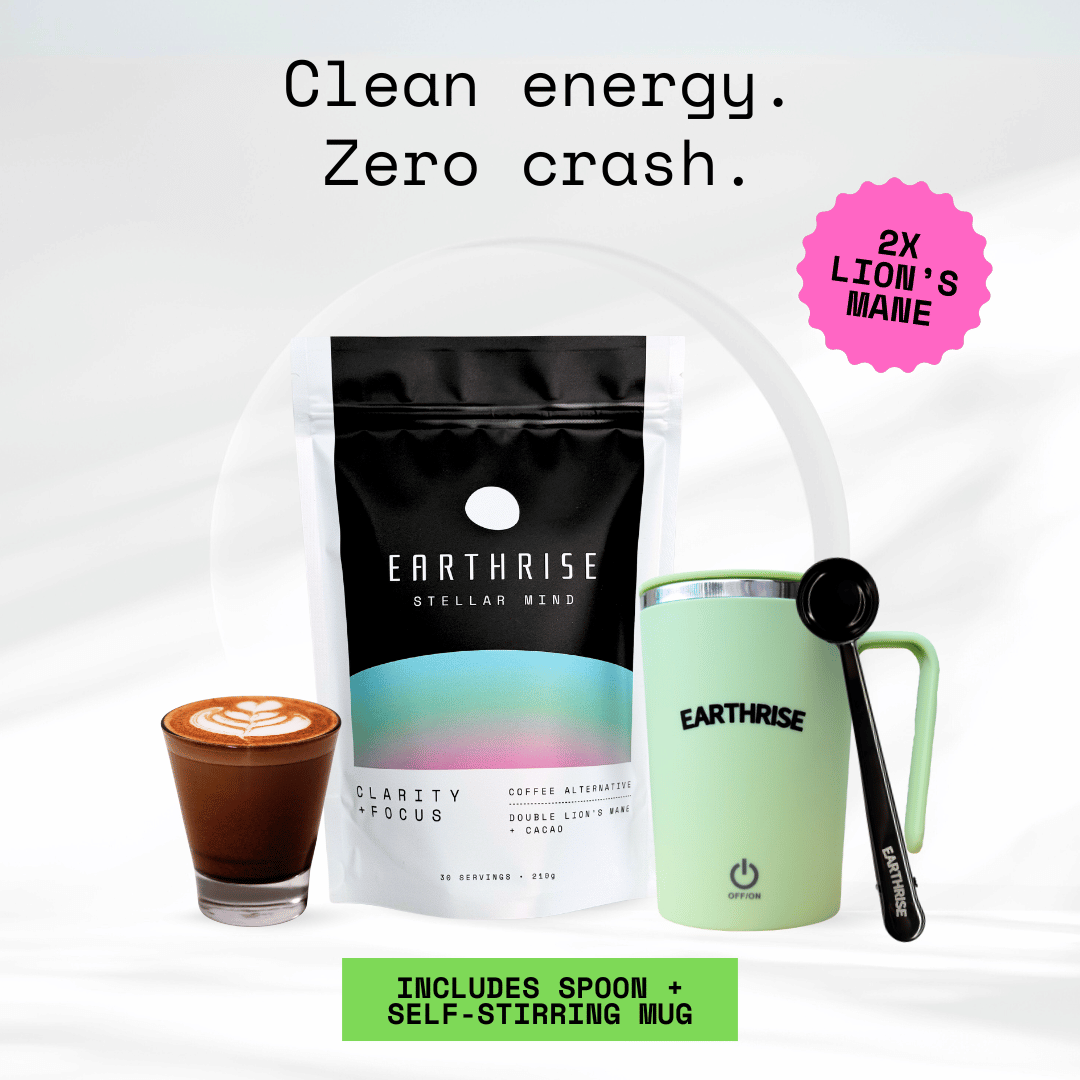 Clean Energy. Zero Crash. 2 times Lion's Mane. 30 servings of Earthrise Stellar Mind with a green self-stirring mug and black serving spoon