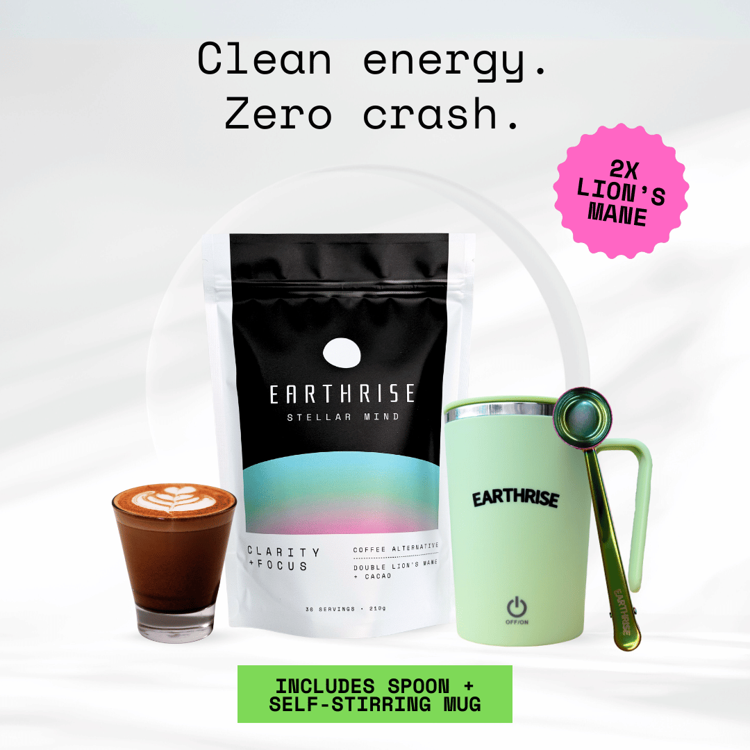 Clean Energy. Zero Crash. 2 times Lion's Mane. 30 servings of Earthrise Stellar Mind with a green self-stirring mug and nebula serving spoon