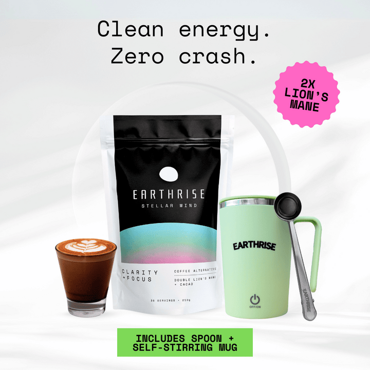 Clean Energy. Zero Crash. 2 times Lion's Mane. 30 servings of Earthrise Stellar Mind with a green self-stirring mug and silver serving spoon