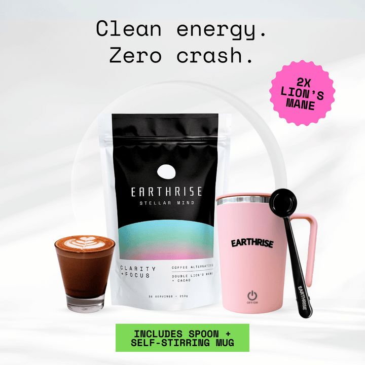 Clean Energy. Zero Crash. 2 times Lion's Mane. 30 servings of Earthrise Stellar Mind with a pink self-stirring mug and black serving spoon