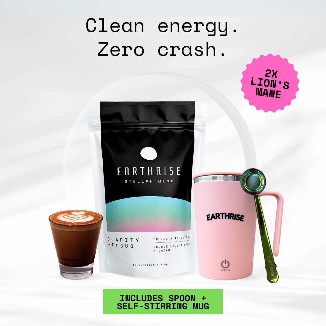 Clean Energy. Zero Crash. 2 times Lion's Mane. 30 servings of Earthrise Stellar Mind with a pink self-stirring mug and nebula serving spoon