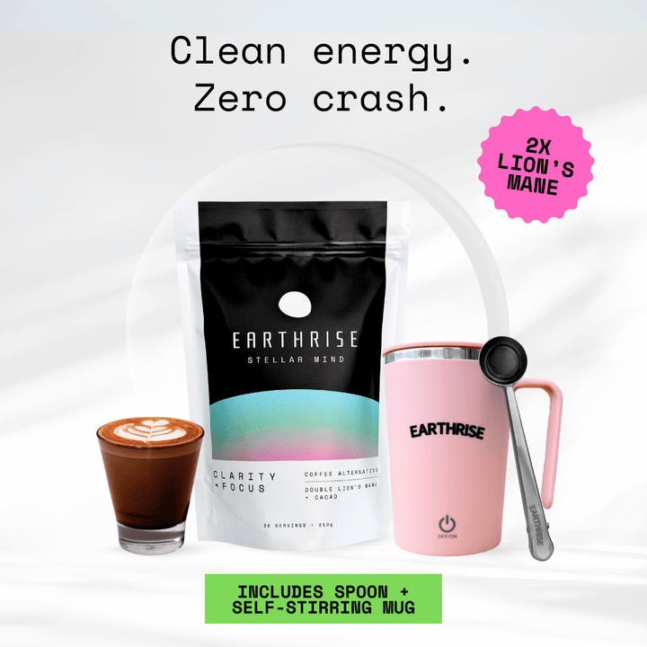 Clean Energy. Zero Crash. 2 times Lion's Mane. 30 servings of Earthrise Stellar Mind with a pink self-stirring mug and silver serving spoon