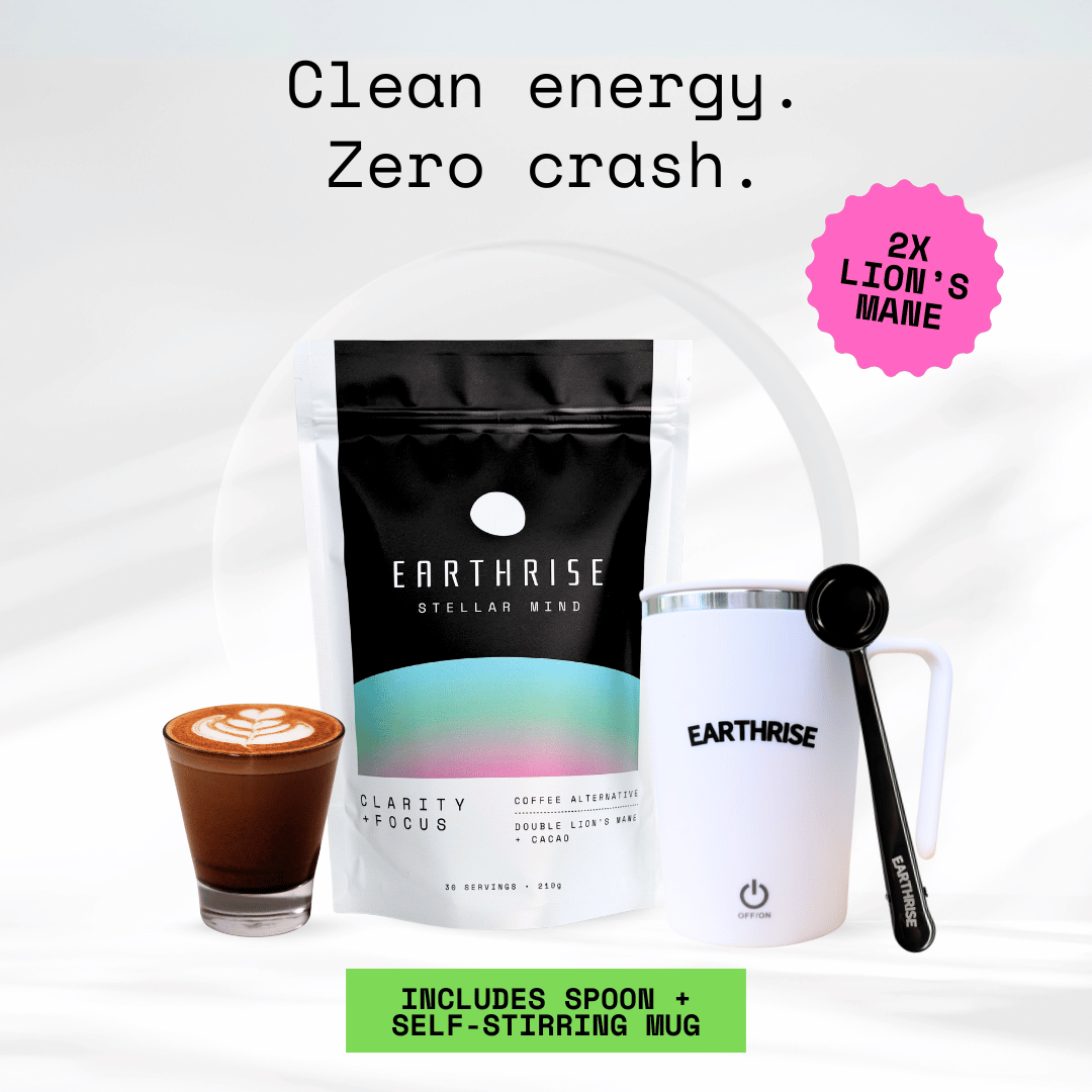 Clean Energy. Zero Crash. 2 times Lion's Mane. 30 servings of Earthrise Stellar Mind with a white self-stirring mug and black serving spoon