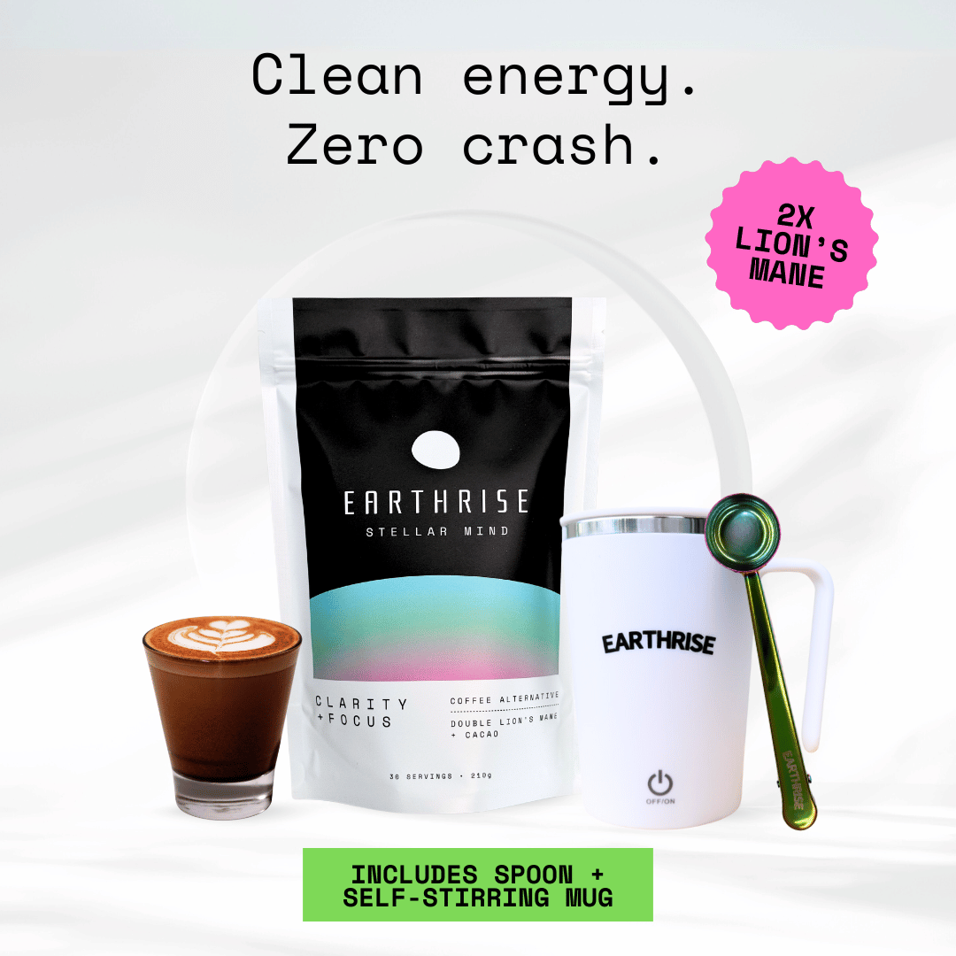 Clean Energy. Zero Crash. 2 times Lion's Mane. 30 servings of Earthrise Stellar Mind with a white self-stirring mug and nebula serving spoon