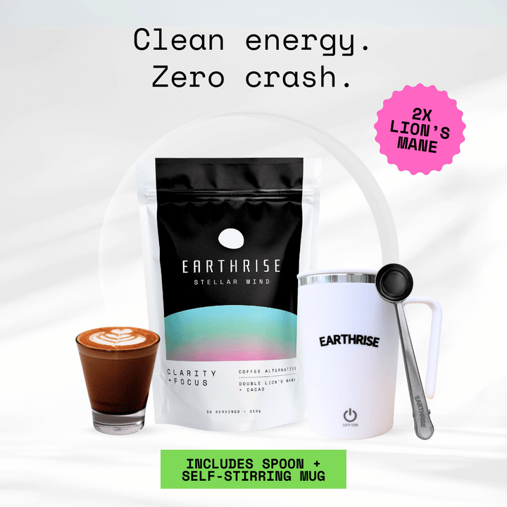 Clean Energy. Zero Crash. 2 times Lion's Mane. 30 servings of Earthrise Stellar Mind with a white self-stirring mug and silver serving spoon