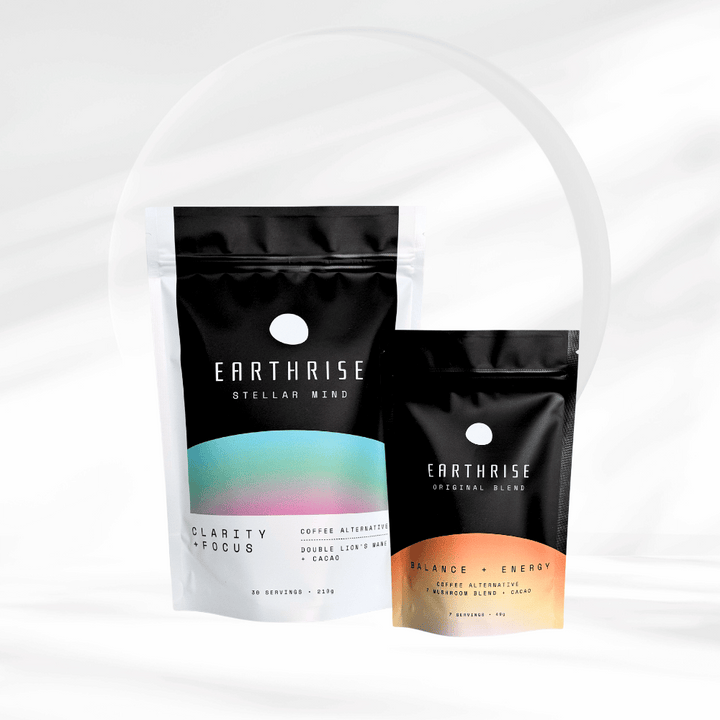 Earthrise Stellar Mind coffee alternative in a 30 serving bag, plus Earthrise Original Blend coffee alternative in a 7 serving bag